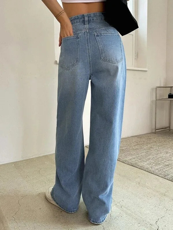 JazzHer Women Jeans Bleached Washed Straight Pants Denim Ankle Length Jean Solid High Waist Zipper Fly Basics Loose 2024 Pockets