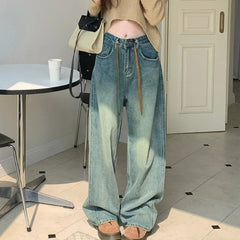 JazzHer Vintage Wide Leg Full Length Denim Pants Women Straight Jeans Loose Fit Pockets Basics High Waist Washed Distressed 2024