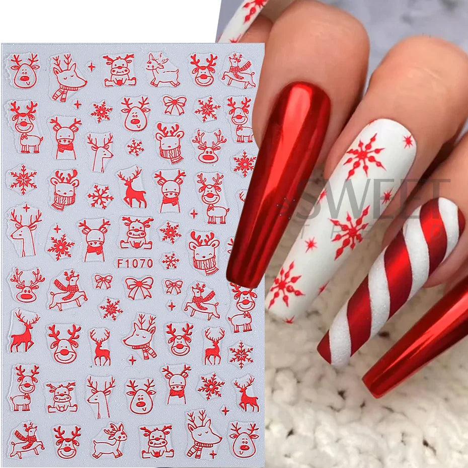 JazzHer 3D Christmas Nail Art Stickers Red Snowflake Elk Self Adhesive Santa Claus DIY Winter Decal Sliders New Year Manicure Decoration