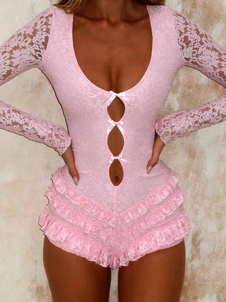 TARUXY Lace Spliced Sexy Slim Bodysuits For Women Hollow See Through Fashion Low Collar Hot Girl Party Club One Piece Bodysuits