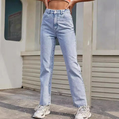 JazzHer Women Basics Jeans Straight Pants Denim Mid Waist Pockets Button Vintage 2024 Autumn Female Ankle Length Trousers Streetwear