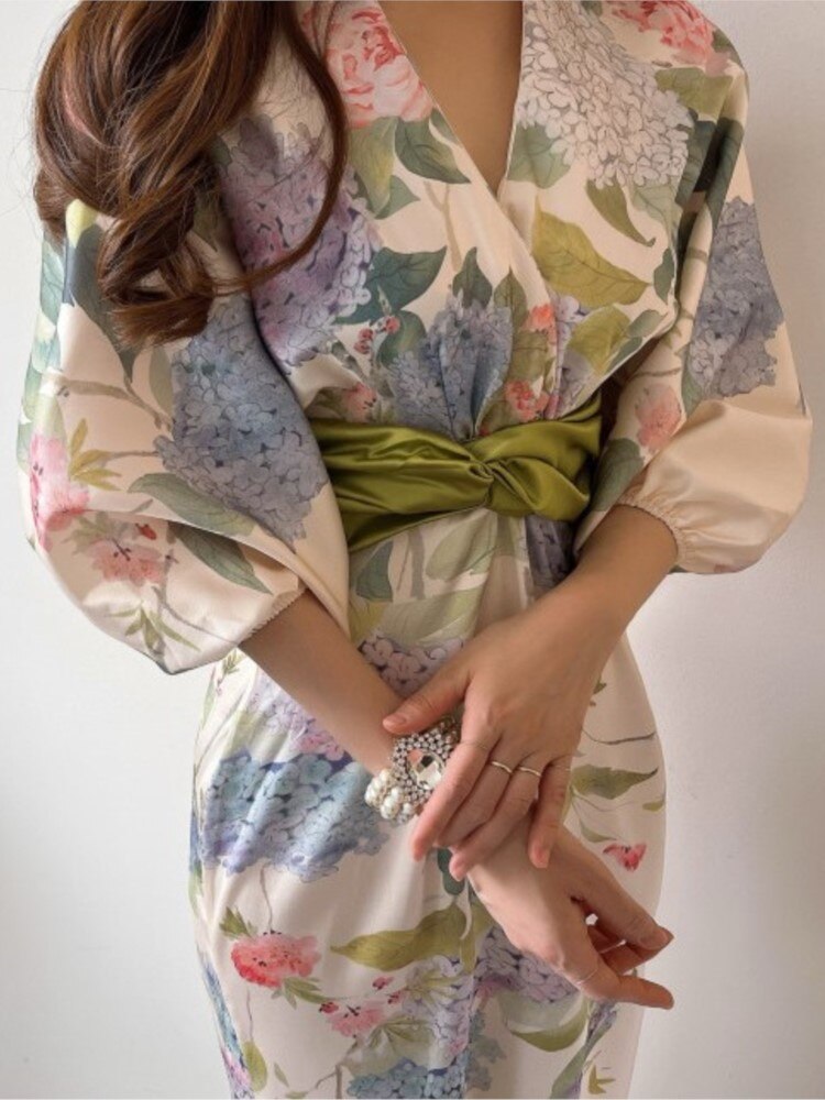 JazzHer Floral Dresses for Women Long Sleeve Casual Party Korean Fashion Dress Printing Midi Puff Sleeve 2023 New Spring Summer Dress