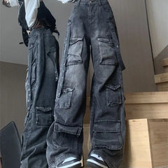 JazzHer New Multi-pocket High Street American Tooling Wide-leg Jeans Female Y2K Street Punk Style Loose Street Brand Washing Old Pants