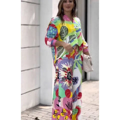 JazzHer Women Two Piece Set Long Sleeve Shirt Suits Floral Print Loose Wide Legs Pants with Pockets Sets High Streetwear 2024 New