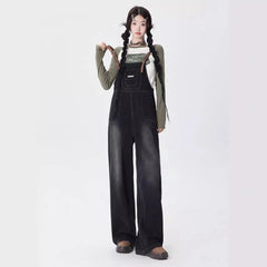 JazzHer Overalls Women Jeans Mid Waist Wide Leg Pants Full Length Jean Loose Fit Denim Washed Pockets High Street Solid Spliced