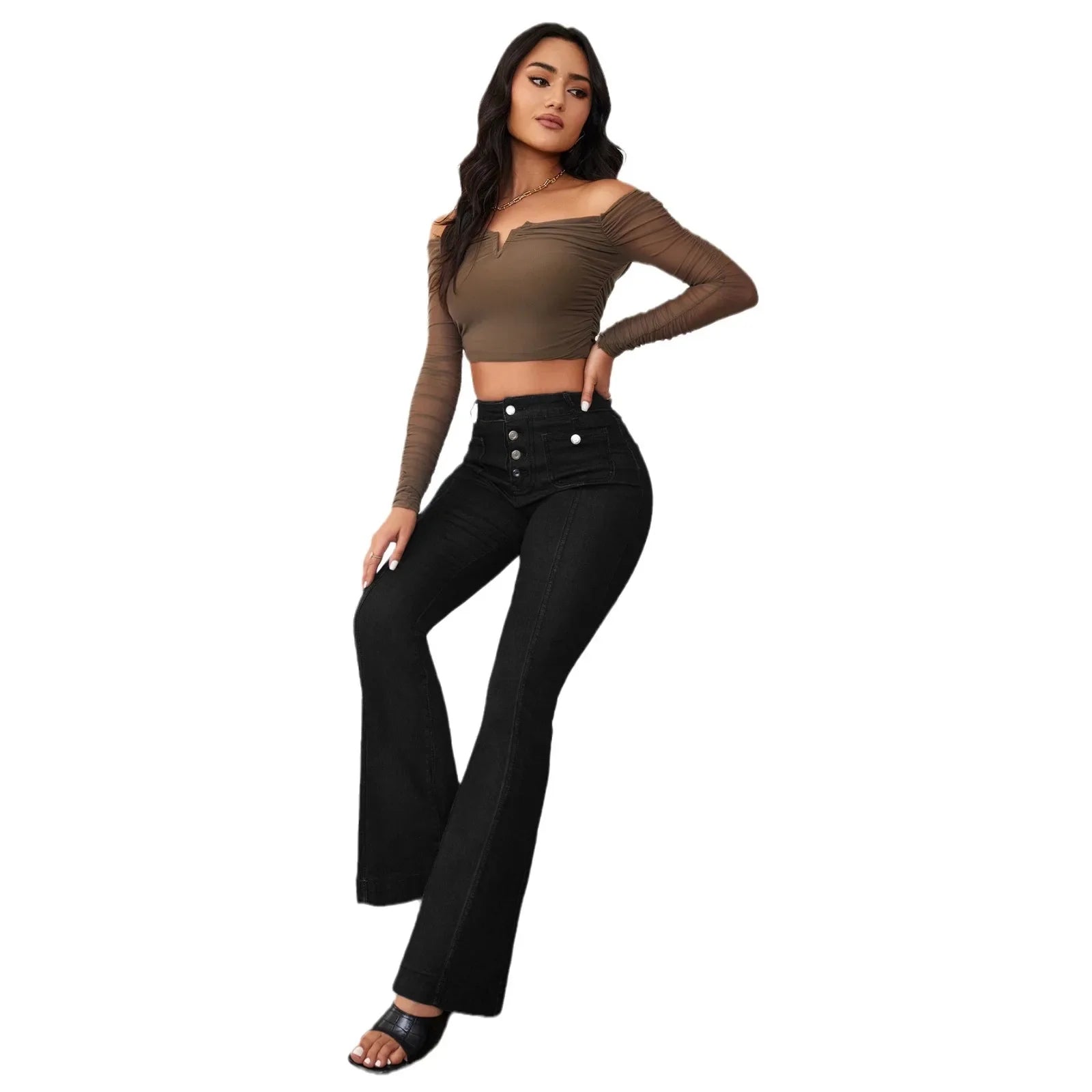 JazzHer Jeans Women Flare Pants Denim High Waist Slim Fit Vintage Pockets Buttons Basics Ankle Length Trousers Solid 2024 Casual Denims