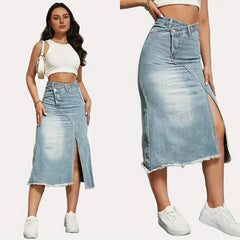 JazzHer Women Skirts Denim Dress Wrap Buttocks High Street Sexy Solid Patchwork Spliced Ankle Length Slim Fit Pockets Slight Strech