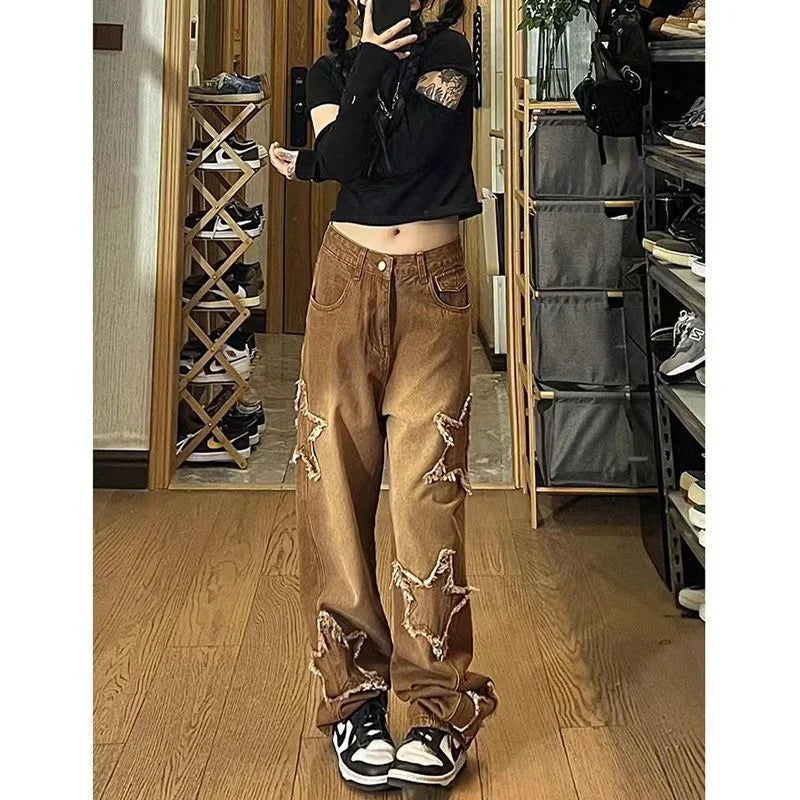 JazzHer 2023 American Retro Brown Five-Pointed Star Patch Jeans Women New Trend Hip-Hop Casual Joker Loose Wide-Leg Straight Mop Pants