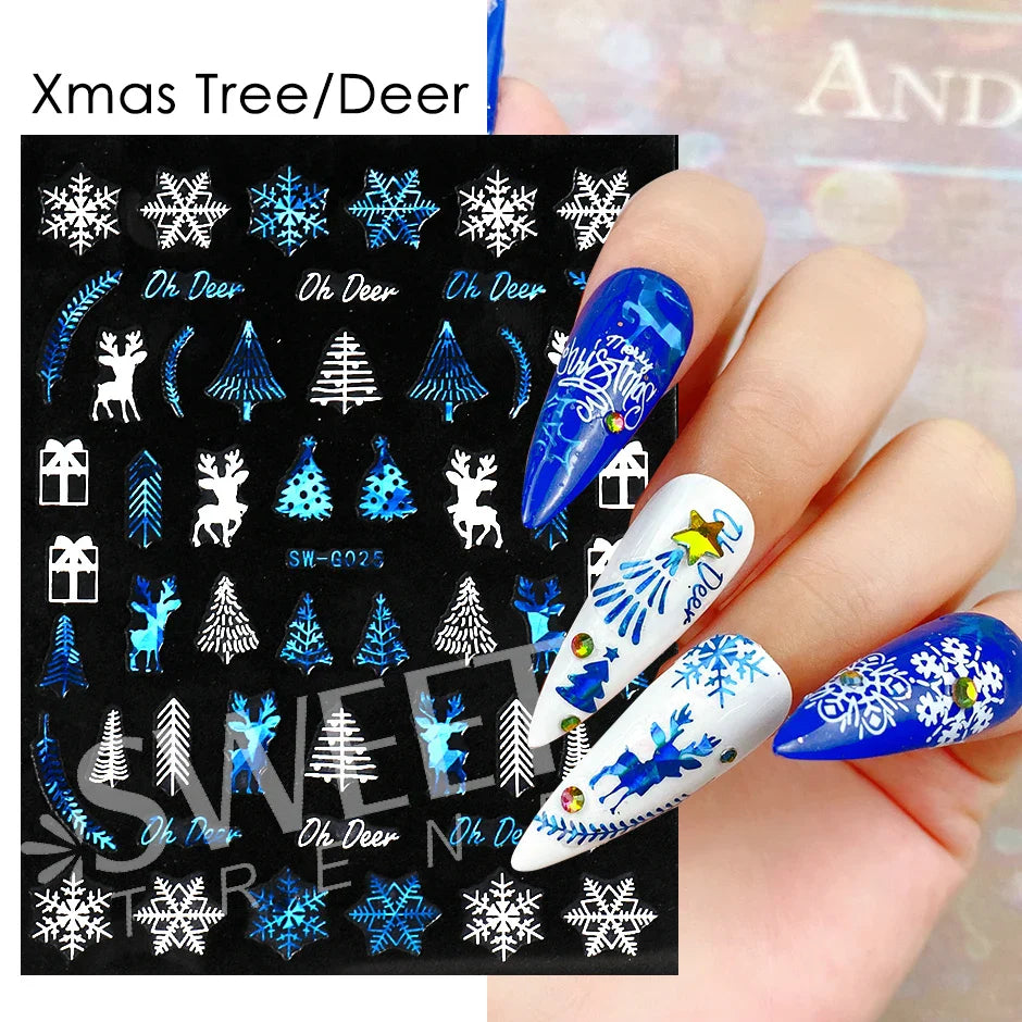 JazzHer Laser Blue Winter Snowflakes Nail Polish Sticker 3D Merry Christmas Snowflakes Deer Decal Sparkly White Manicure Decor LYSW-G020