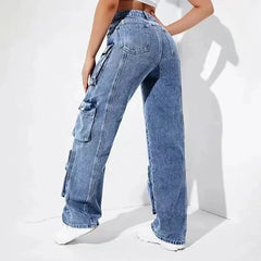 JazzHer Jeans Women Straight Cargo Pants Denim High Waist Vintage Pockets Button Basics Ankle Length Trousers 2024 Autumn Streetwear