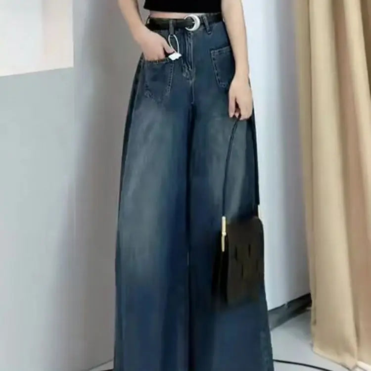 JazzHer Women Vintage Jeans Basics Wide Leg Pants High Waist Pockets Button Solid Colour Full Length Denims Casual Straight Trousers