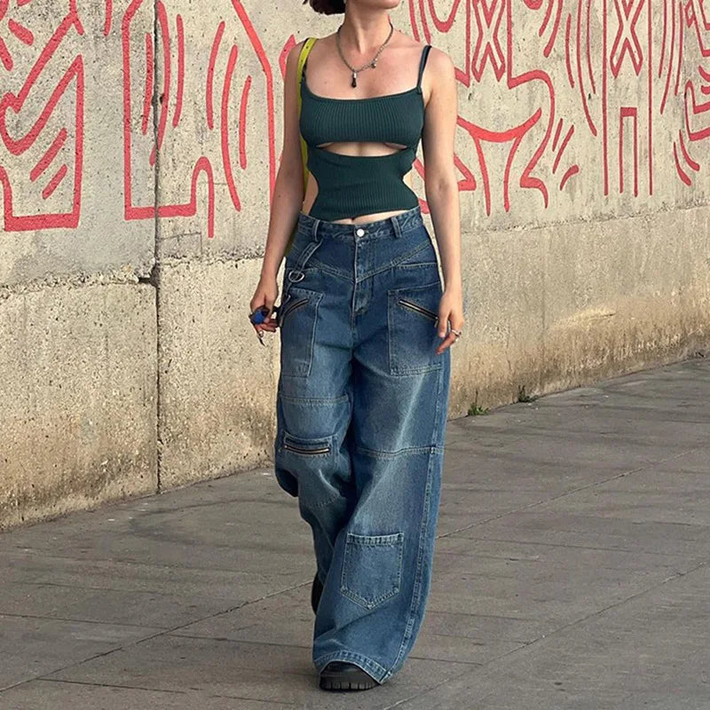 JazzHer Wide Leg Full Length Pants Jeans Women Spliced Denim Washed Vintage Loose Fit Solid Pockets High Waist Moto Biker 2024