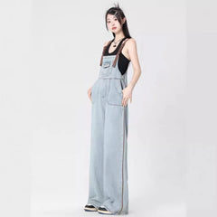 JazzHer Overalls Women Jeans Mid Waist Wide Leg Pants Full Length Jean Loose Fit Denim Washed Pockets High Street Solid Spliced