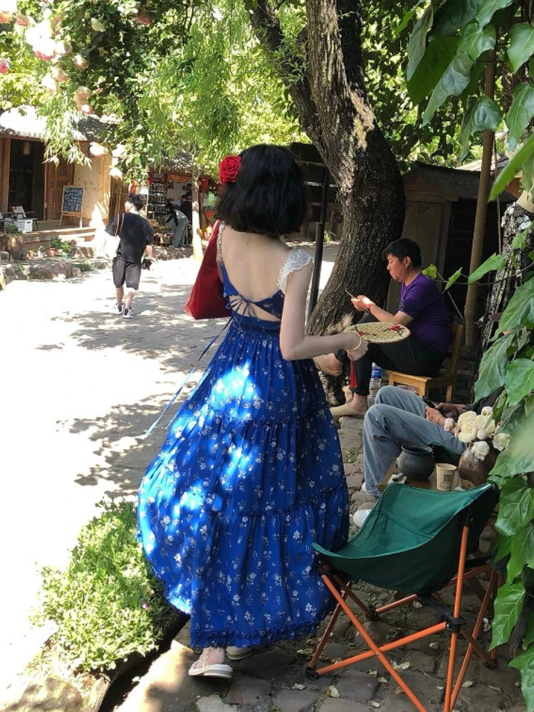 JazzHer 2024 New Vintage Blue Lace Floral Dress Woman Holiday Sext Backless Midi Dress Casual Sleeveless Korean Fashion Dress Chic