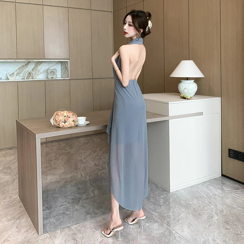 JazzHer 2024 New French Summer Vintage Slim Sleeveless V Neck Strapless Long Dresses Sexy Fashion Backless Irregular Women's Prom Dress