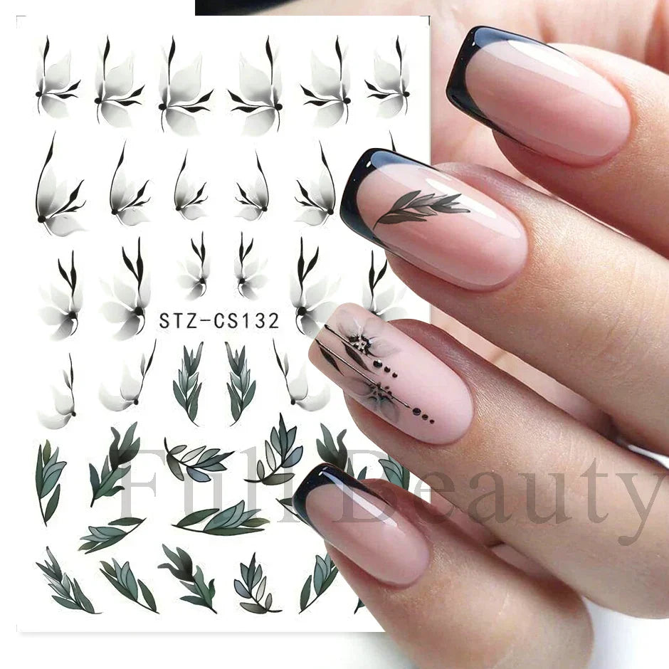 JazzHer French Textured Lines Nail Art Stickers Simple Geometry Leaf Flower Adhesive Sliders Monogram Summer Manicure Decal LYSTZ130-137