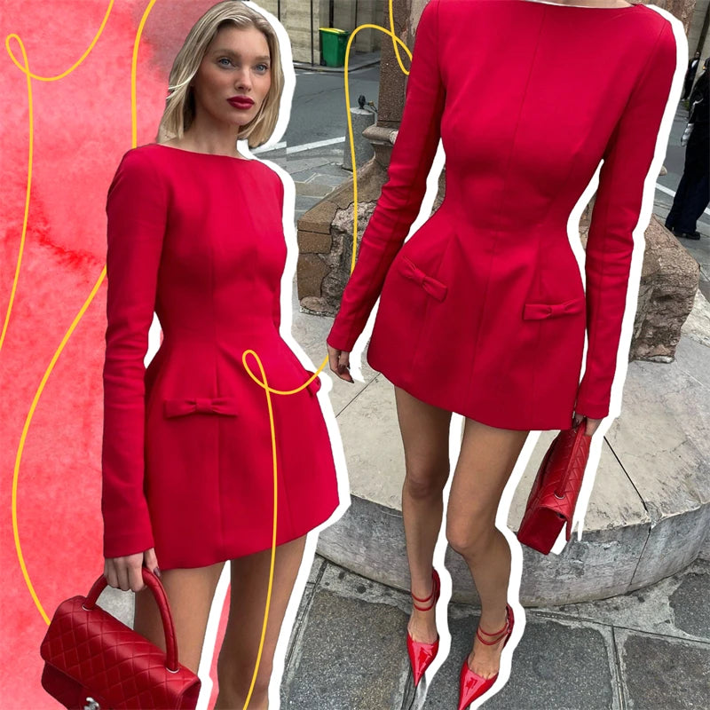 JazzHer Bows Splice Long Sleeve Mini Dress Elegant Office Woman Solid Bodycon Club Party Dresses 2024 Autumn High Waist Fashion