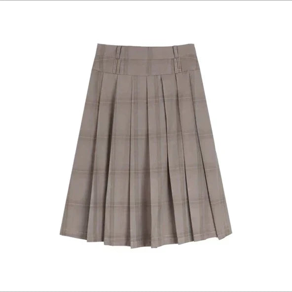 JazzHer- Vintage Long Plaid Skirt Women High Waist A-line Korean Fashion Preppy Midi Pleated Skirt Autumn Winter School Uniform