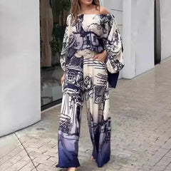 JazzHer Pant Sets Women Two Piece Set Print Long Bat Sleeve Loose Casual Elegant Splice Oblique Shoulder Tops Wide Leg Long Pants