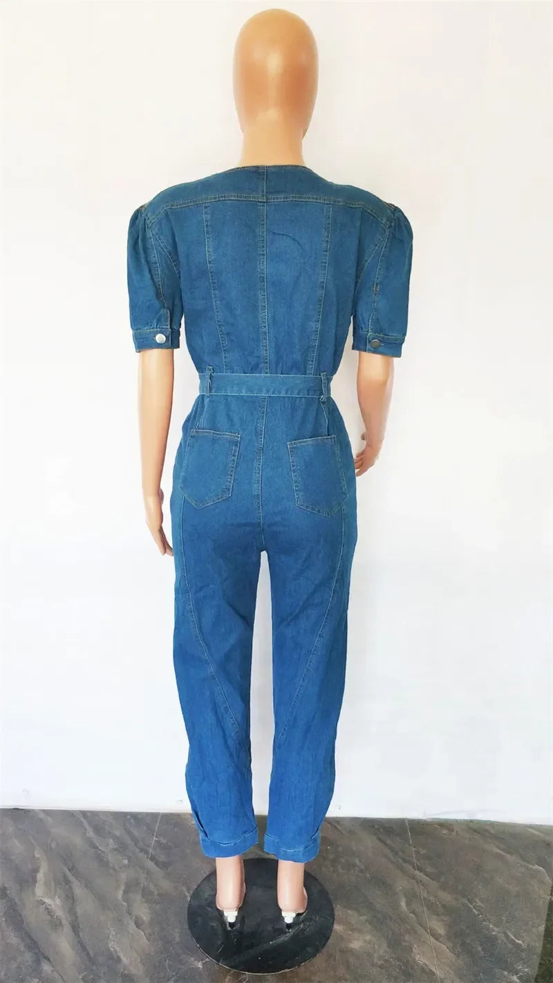 JazzHer Sexy Denim Jumpsuit for Women Lace-up Pencil Pant Jeans Short Sleeve Sashes Long Rompers Playsuits One Piece Overalls Outfits