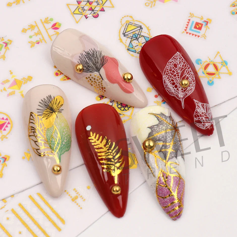 JazzHer Iridescent Gold Maple Leaves Nail Art Stickers Leaf Vein Texture Dreamcatcher Design Laser Winter Manicure Decal Wraps LYSW-T025