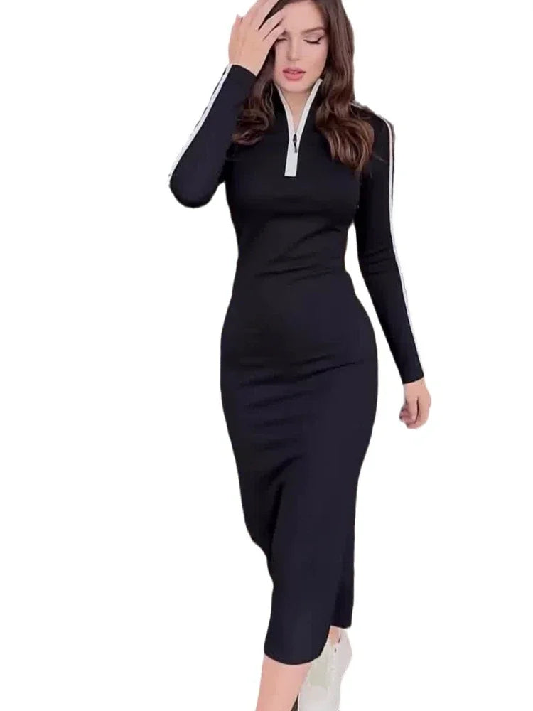 JazzHer Dubai woman Dress Bodycon Long Dresses V Neck Zipper Hip Wrap Saudi Arabic Party Sexy Y2k Club Black Mid Length Vestidos 2024