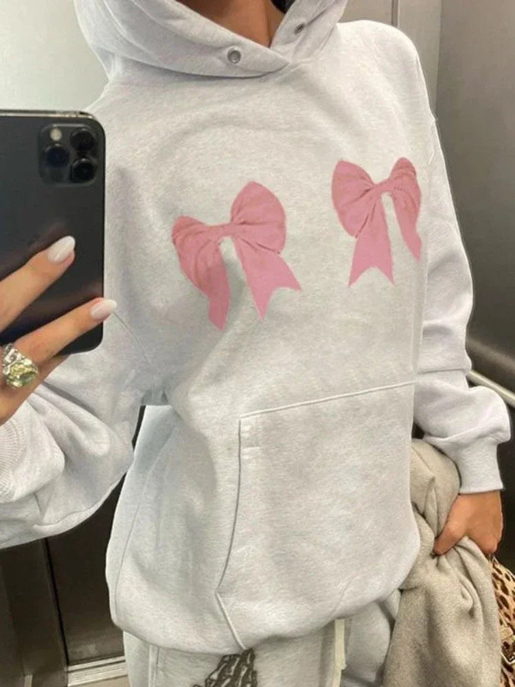 JazzHer- Kawaii Bow Print Hoodies Women Y2k Long Sleeve Sweatshirt Oversized Sweet Girl Causal Loose Autumn Winter Clothes Ins