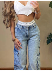 JazzHer-American Vintage Women Cargo Pants Low Waist Straight Fake Zippers Multis Pockets Baggy Jeans Y2K Blue Aesthetic Old Trousers