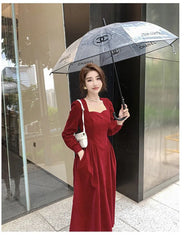 JazzHer Dress Women Autumn Long Dresses Solid Tight Waist Full Sleeve Square Collar Splice Pockets Vestidos Elegant Temperament A Line