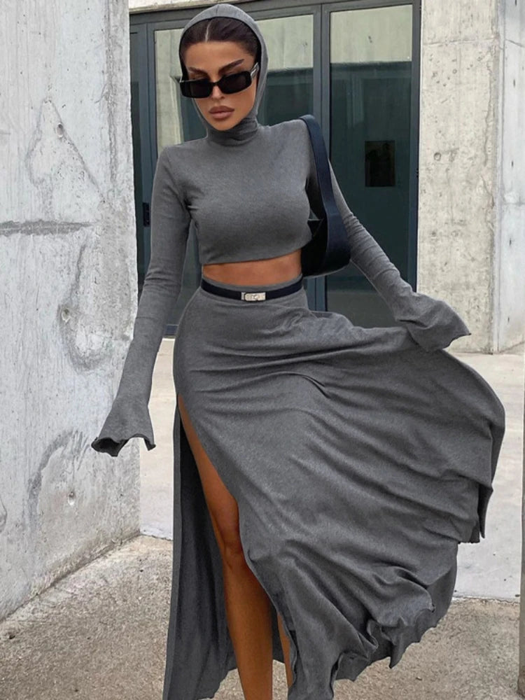 JazzHer 2024 Fall Fashion Loose Side Slit Skirt Two Piece Sets Womens Outfits 2024 Women Dress Sets Short Long Sleeve Hoodies And Skirts Suit Femme