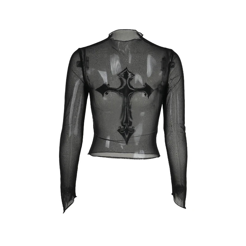 JazzHer Women's Gothic Directional Design New Halloween Blood Work Give Mesh Cross Print Long Sleeve Top