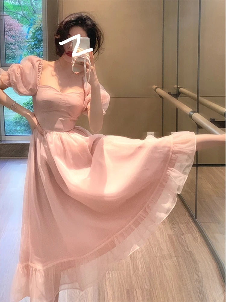 JazzHer Pink Sweet Midi Dress Woman Casual French Elegant Party Dress Beach 2024 Summer Office Lady One Piece Dress Korean Fashion Chic