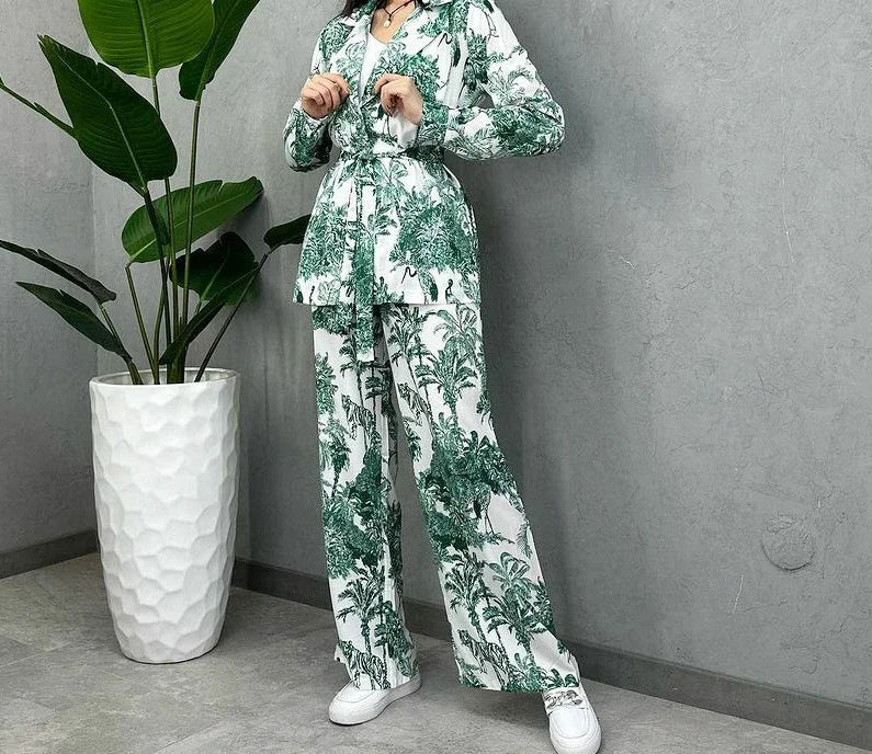 JazzHer Women Print Two Piece Pant Sets Full Sleeve Cardigan Shirts Lace Up Wide Leg Pants Midi Waist Loose Splice Casual Summer