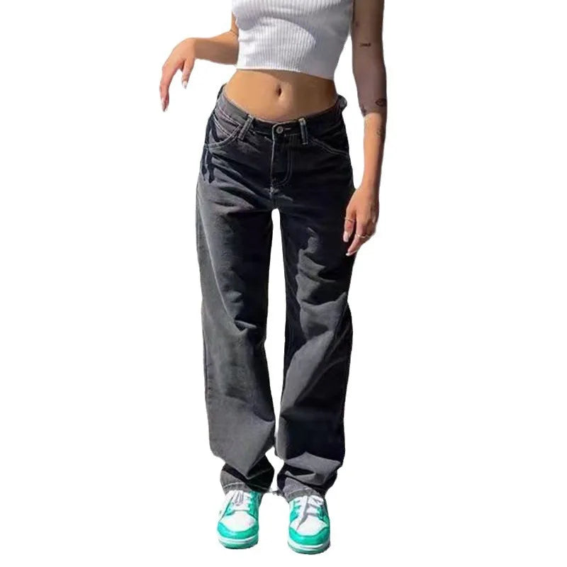 JazzHer Women Jeans Baggy Wide Leg Pants Denim Washing High Waist Loose Fit Pockets Basics Full Length Pants Solid Slight Strech 2024