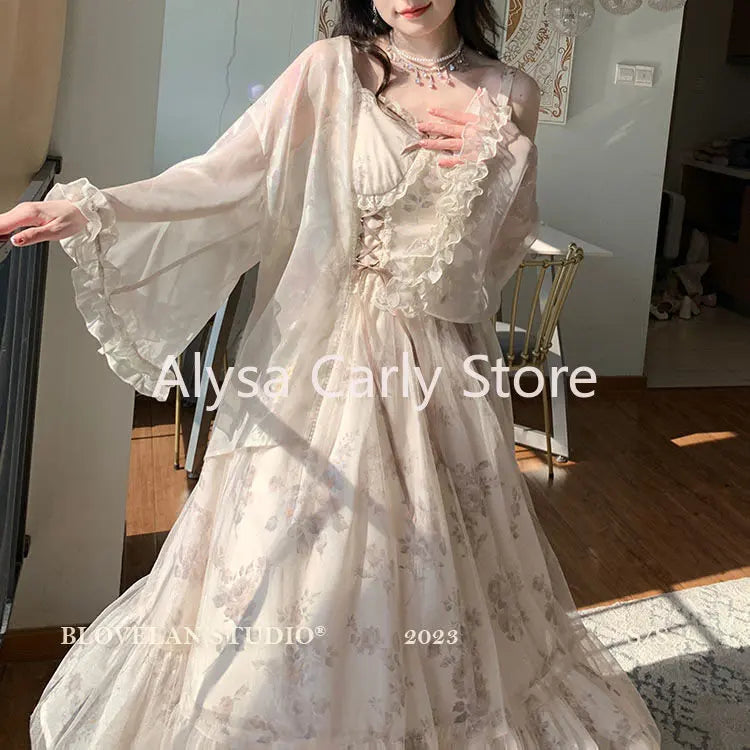 JazzHer Vintage Elegant Floral Dress Women Sweet Ruffles Mesh Fairy Strap Dress Female 2023 Summer Court Retro Evening Party Dress Sexy