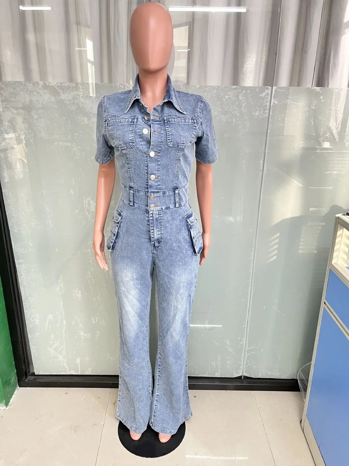 JazzHer Streetwear Jeans Jumpsuits Summer Women Turndown Collar Bodysuit Flare Pants Pockets Denim Rompers Sexy One Pieces Overalls