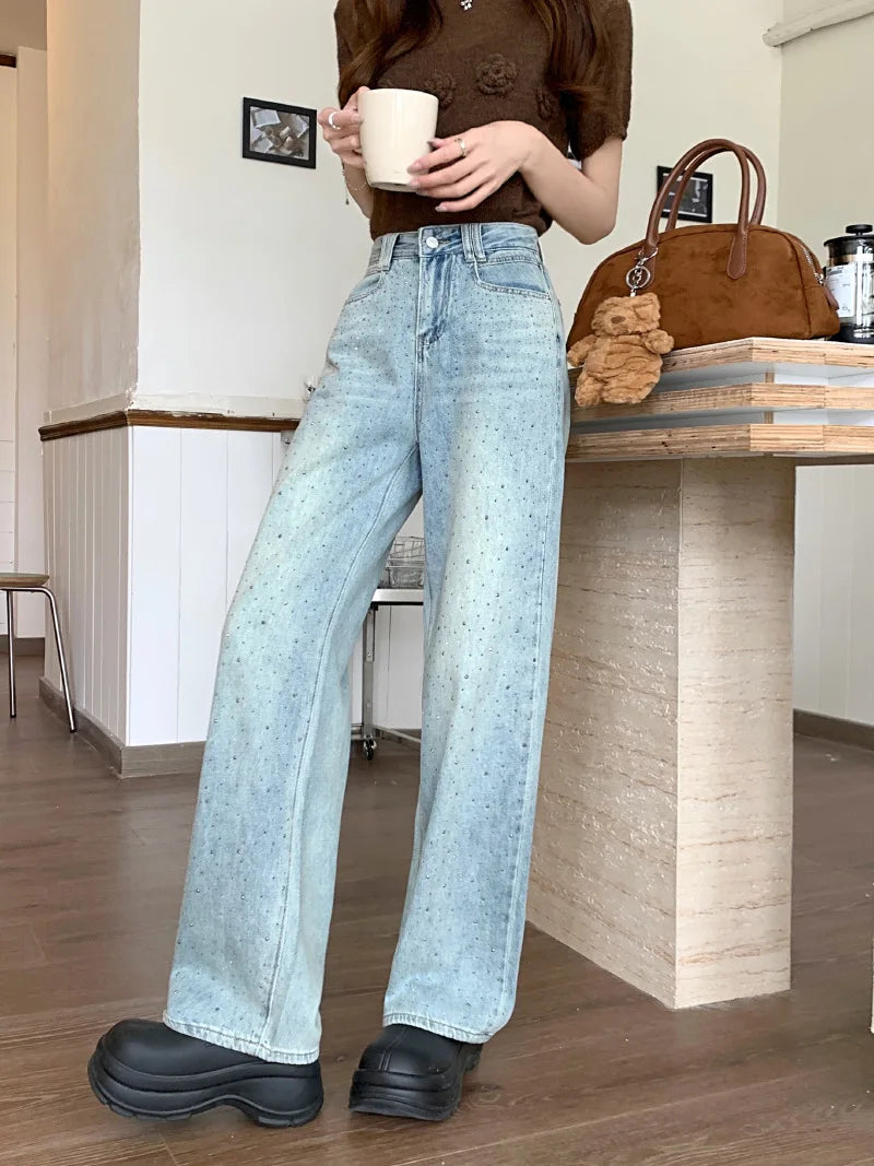 JazzHer Full Length Washed Denim Straight Pants Women Distressed Jean Zipper Fly Pockets High Waist Bleached Jeans Basics Loose Fit