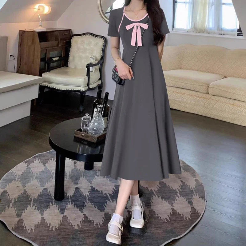 JazzHer French Style Sweet Bow Fashion Women Dress for Women Slit Fairy Slim Fit Dress Tighten The Waist 2024 New Spring Summer Dress