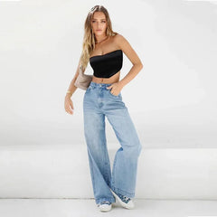 JazzHer Women Jeans Wide Leg Pants Denim Pockets Streetwear Loose High Waist Full Length Washing Zipper Fly Flat Solid Color 2024