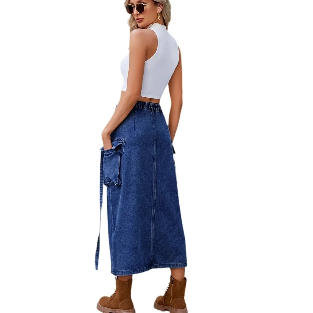 JazzHer Women Skirts Solid Denim Spliced Ankle Length Dress Wrap Buttocks Slim Fit Pockets Safari Style Distressed Washed Skirt