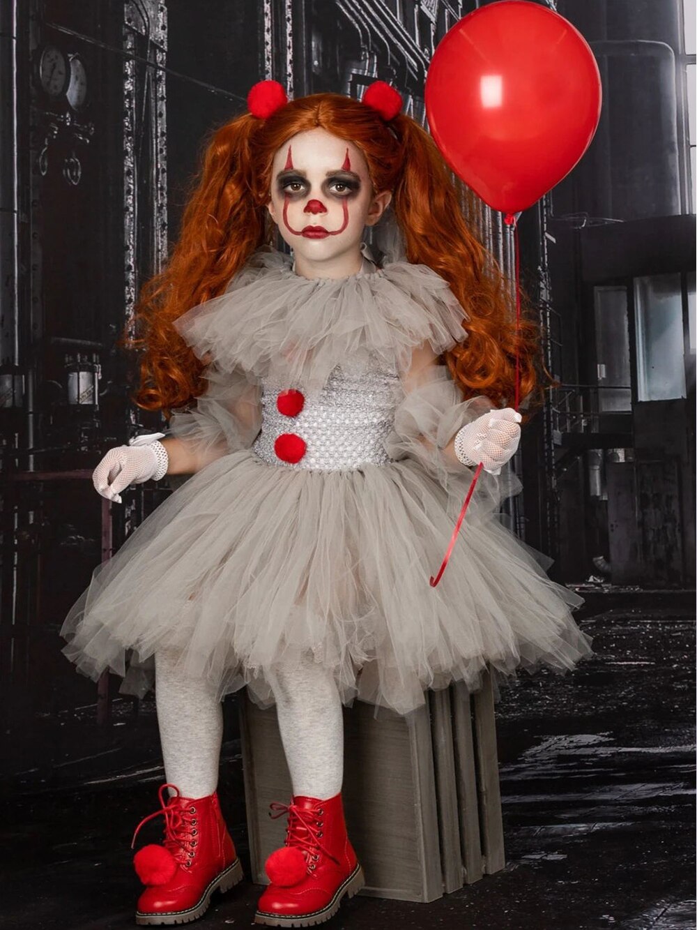 JazzHer Halloween Awakecrm Joker Pennywise Girls Tutu Dress Kids Gray Creepy Clown Halloween Costume Cosplay Clothes Children Birthday Fancy Dresses