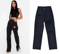 JazzHer Women Hole Jeans Vintage Distressed Straight Pants Streetwear High Waist Pockets Button Zipper Fly Denims Cuffs Trousers 2024