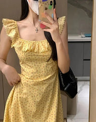 JazzHer Floral Midi Dress Women Ruffles Square Collar Hotsweet Aesthetic Summer Flying Sleeve Korean Style Simple All-match Holiday Girl