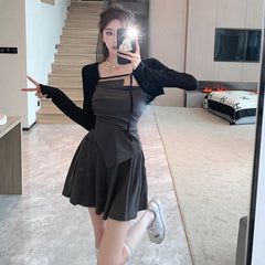 JazzHer-New Autumn Fashion Black Slim Mini Dress for Women Long Sleeved Sunscreen Cardigan Elegant Chic Office Lady Dresses Korean