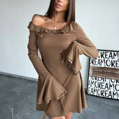 JazzHer Flare Sleeve Slim Mini Dress For Women Fungus Splice Long Sleeve Outfits New Female Elegant Club Party Dresses High Waist