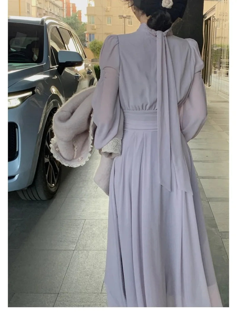 JazzHer French Style Elegant Evening Party Midi Dresses Women 2024 Summer Long Sleeve Fashion Prom Female Chic Vintage Purple Dress