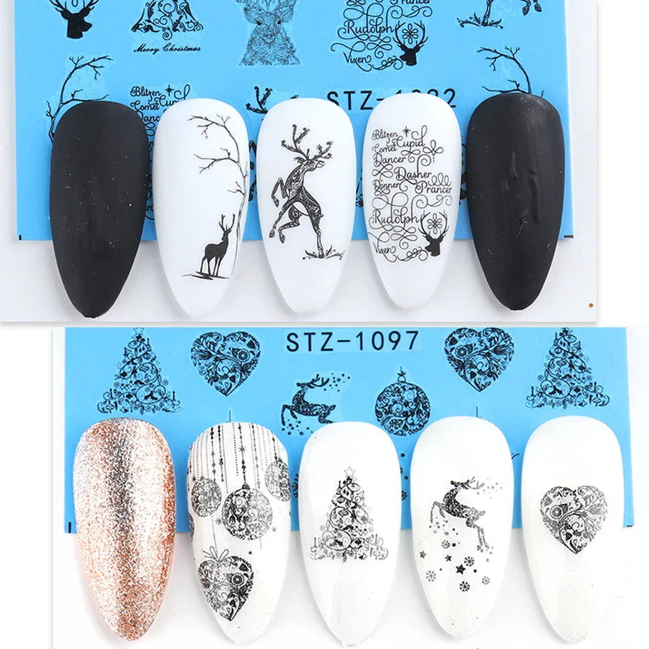 JazzHer Lace Design Water Nail Stickers Christmas Tree Snowman Star Deer Sliders for Nails Manicure Winter Decorations LYSTZ1082-1097