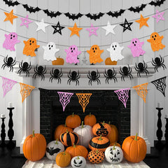 JazzHer Halloween Hanging Garland Cartoon Ghost Bat Spider Bunting Paper Banner Halloween Party Home Fireplace Decoration Supplies Kids