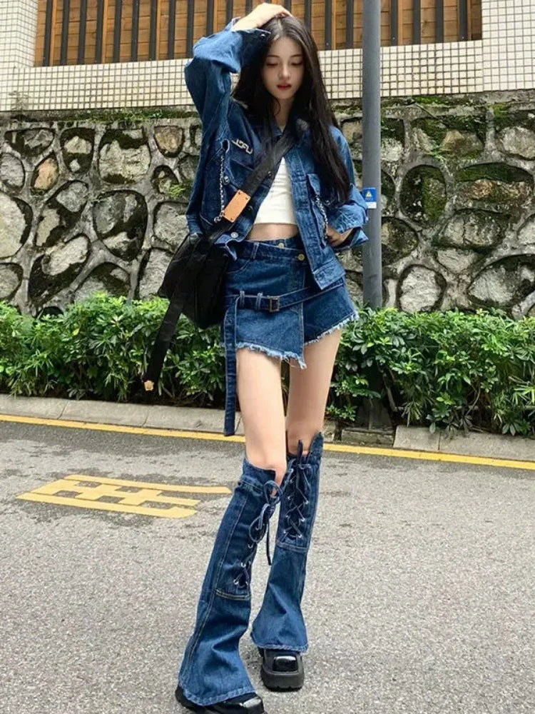 JazzHer-Streetwear Blue Cowboy Tops Coat Asymmetrical Design Lace Up Denim Mini Skirt Autumn Three Piece Sets Womens Outfits