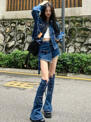 JazzHer-Streetwear Blue Cowboy Tops Coat Asymmetrical Design Lace Up Denim Mini Skirt Autumn Three Piece Sets Womens Outfits